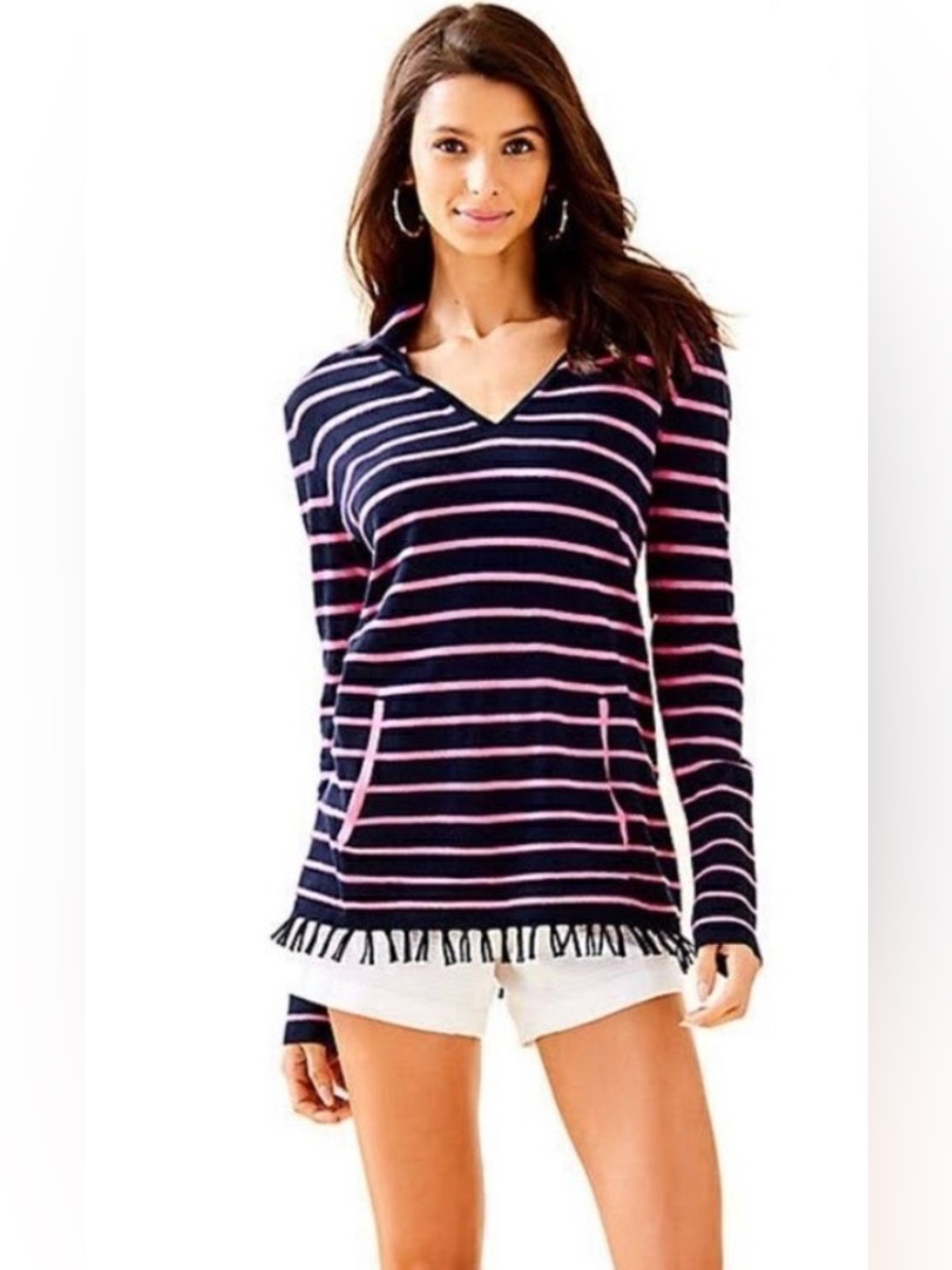 Lilly Pulitzer Crestwood Coolmax Fringe Sweater in True Navy Maritime Stripe
